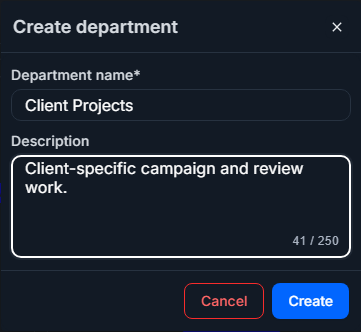 Create department dialog