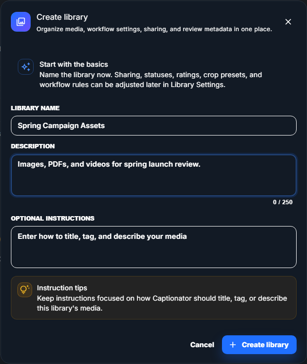 Create library dialog