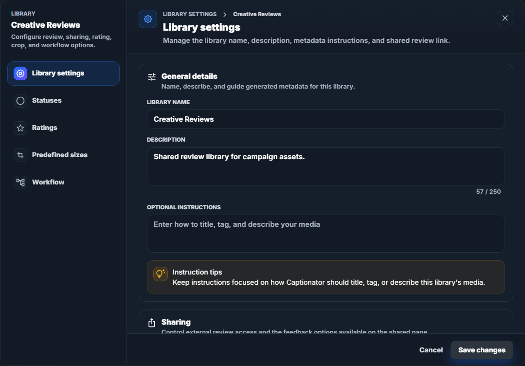 Library settings dialog