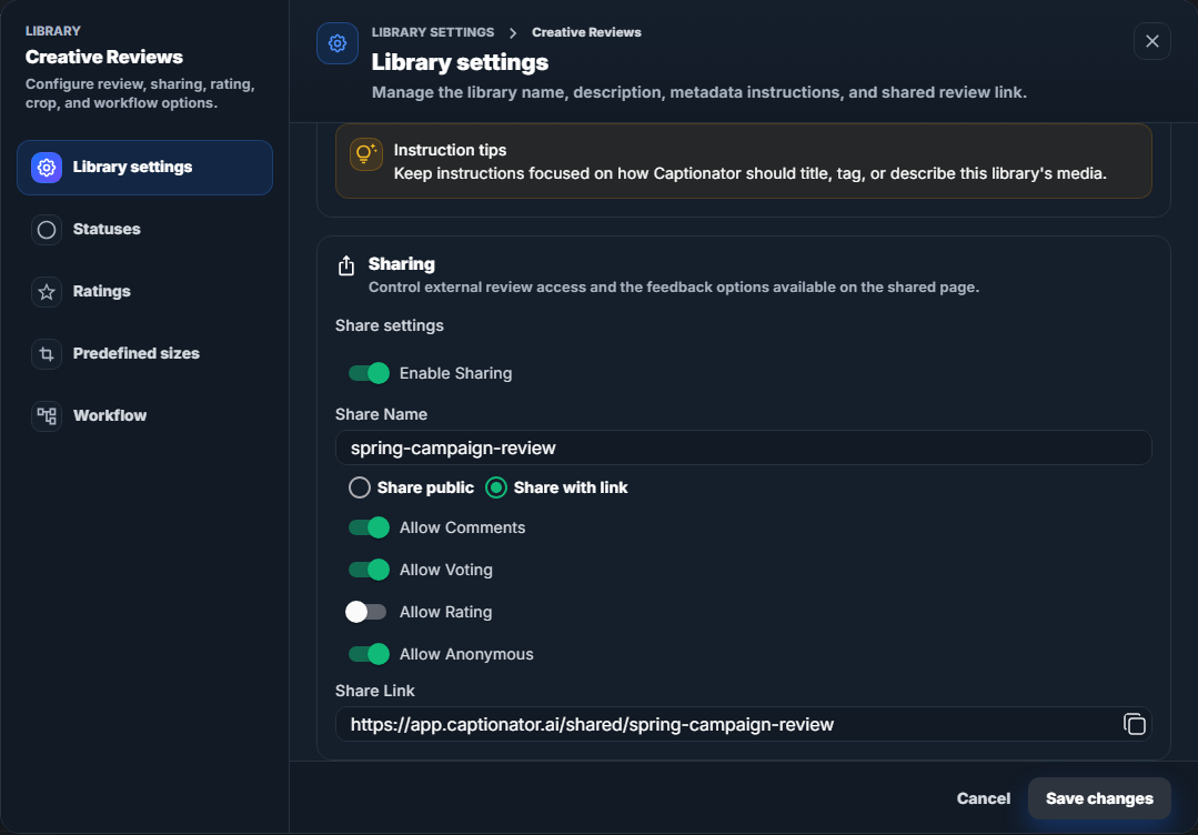 Library settings sharing options