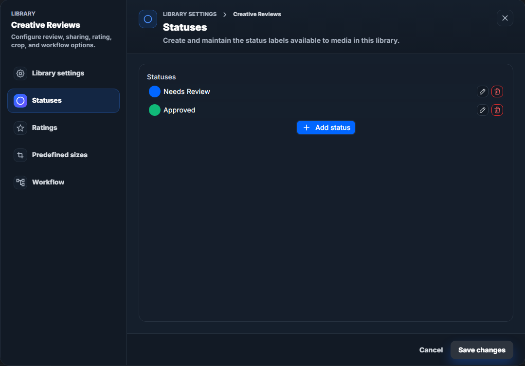 Library settings statuses tab