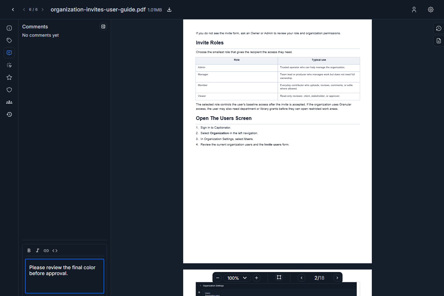 PDF comments tab