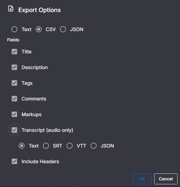 Export options dialog