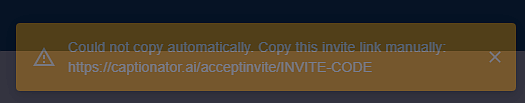Invite link copy fallback message