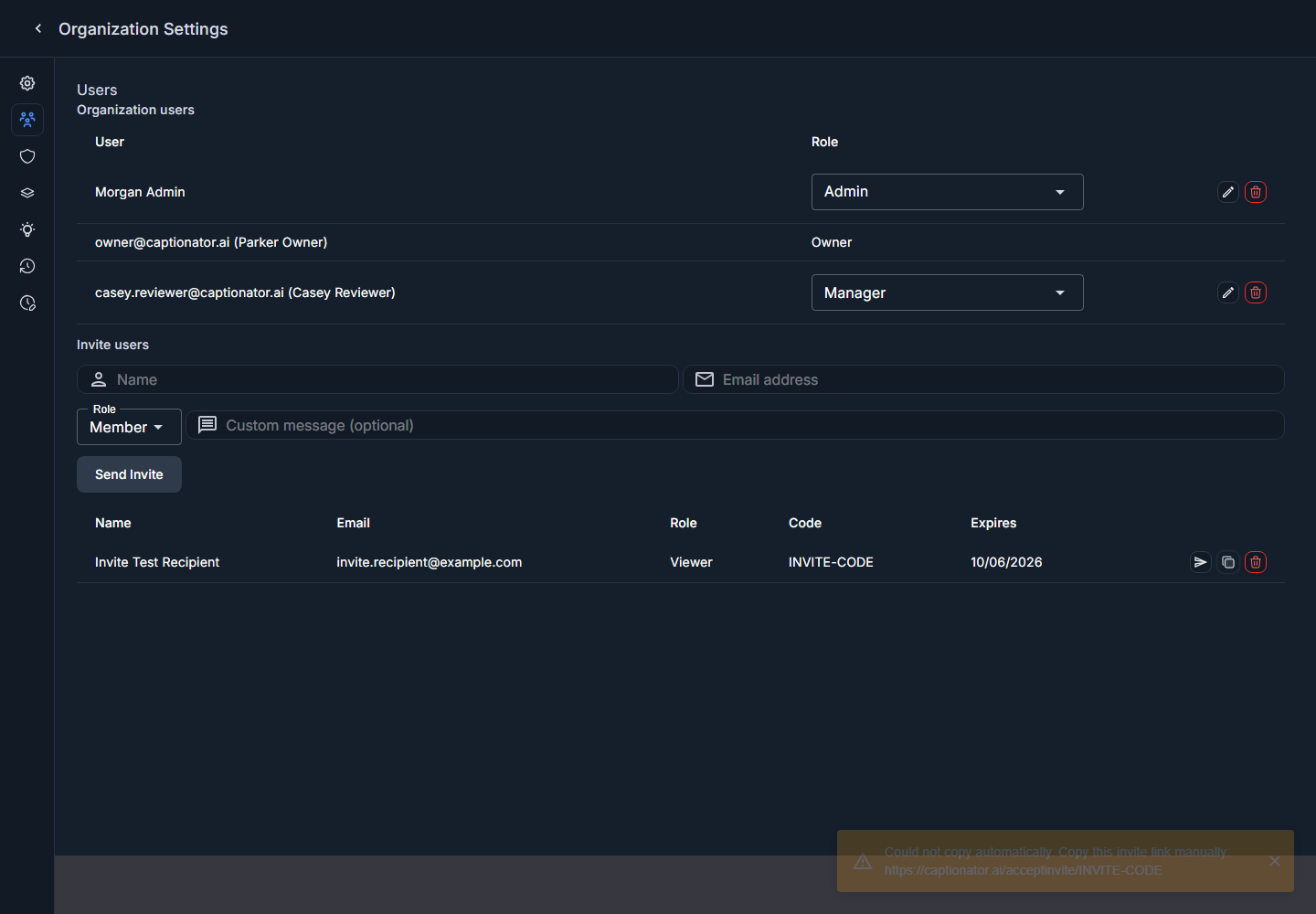 Invite link copy fallback