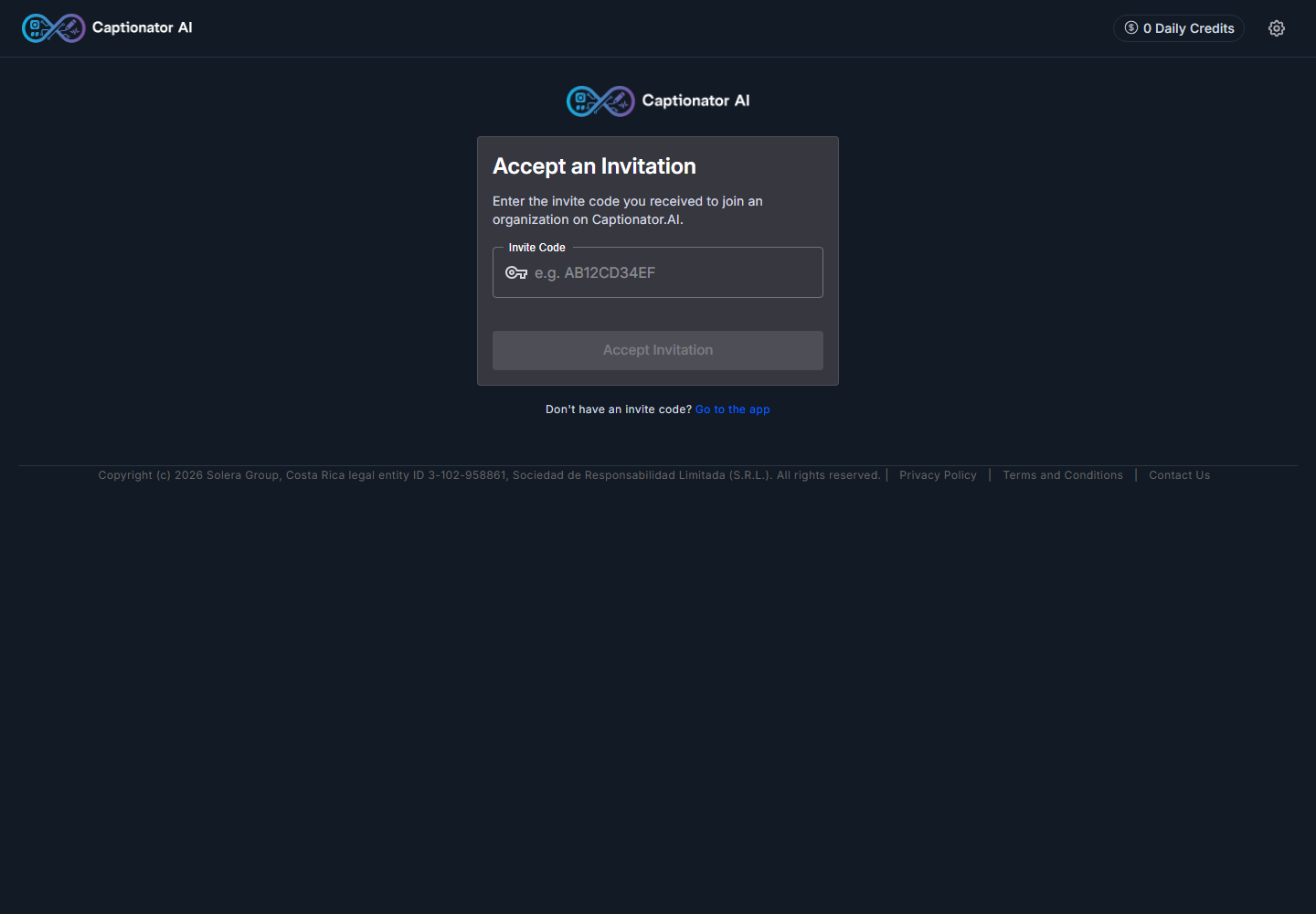 Empty invite code page