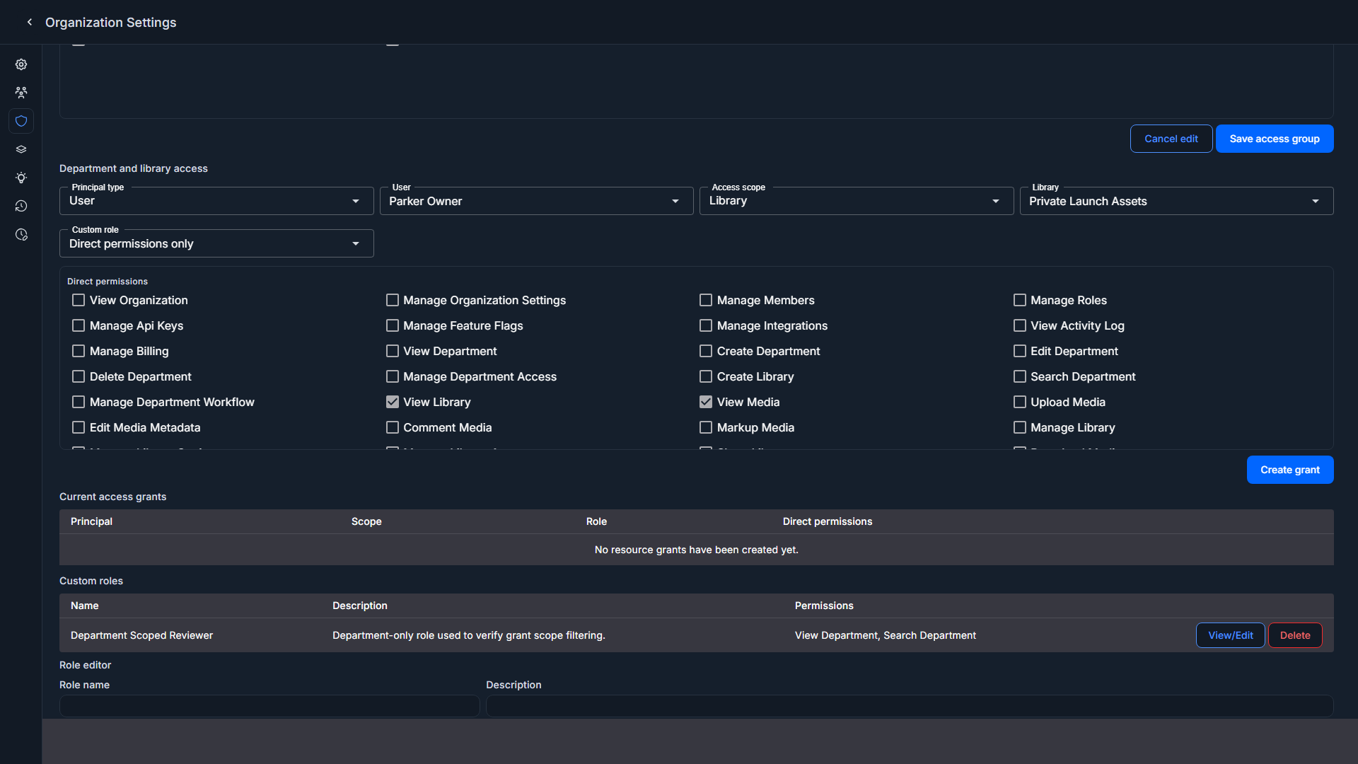 Organization Security tab in Granular access