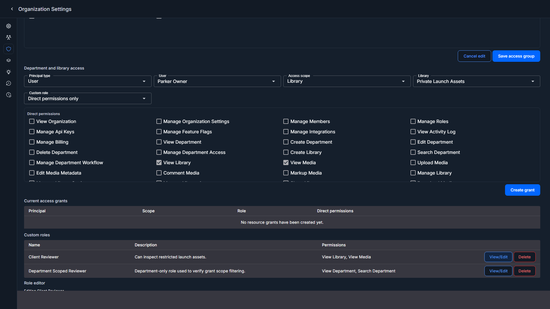Custom role editor with saved permissions