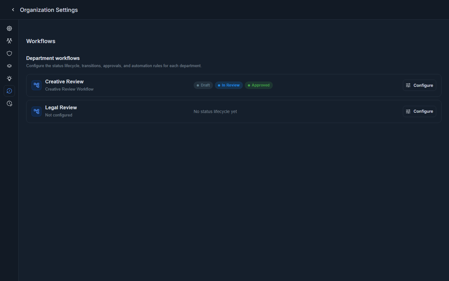 Workflow settings list