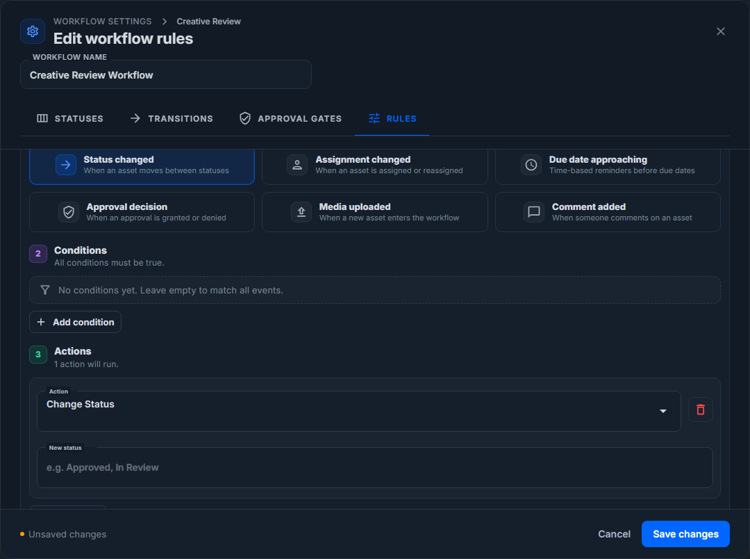 Rules actions section